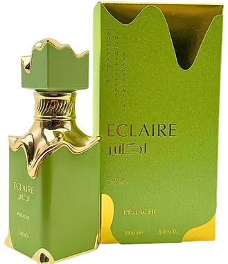 Eclaire Pistache perfume, gold crown cap, with its olive carton.