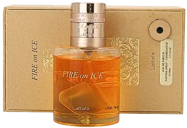 Lattafa Fire on Ice eau de parfum with its carton.