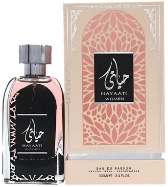 Hayaati Women eau de parfum next to its rose-patterned carton.