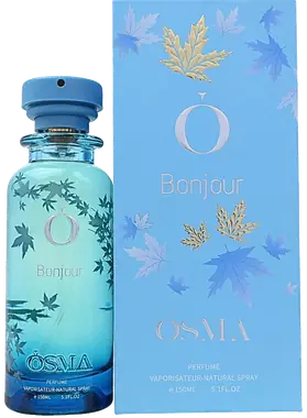 ŌSMA Bonjour perfume in a pale blue bottle with a leaf-printed carton.